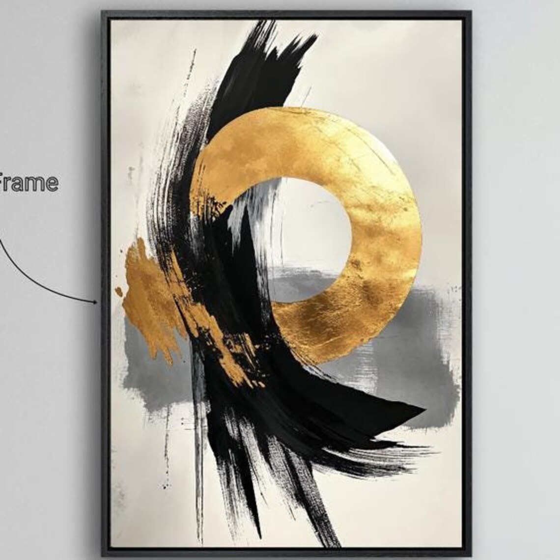 Black Brushstroke Gold Circle Ring Abstract Minimal Art Print