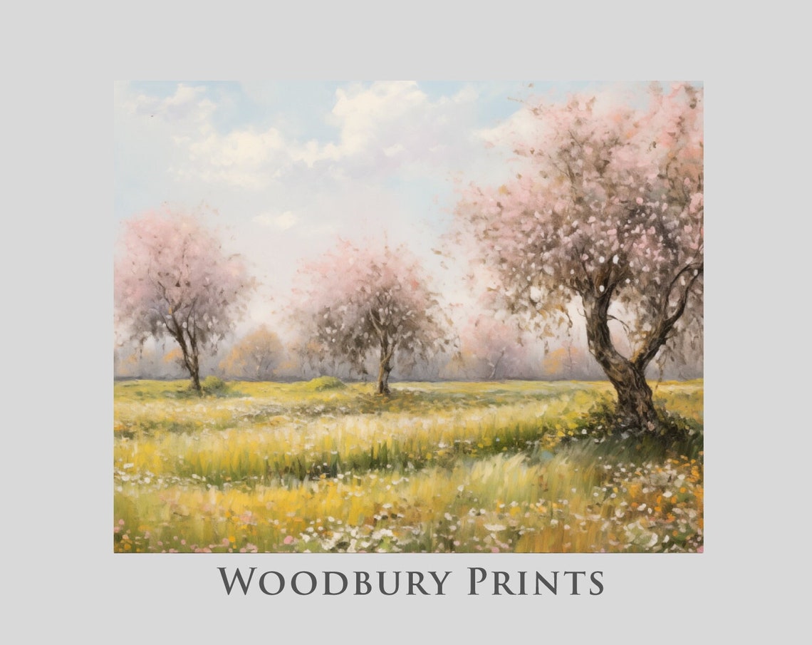 Spring Meadow With Pink Blossom Trees And Wildflowers Wall Art