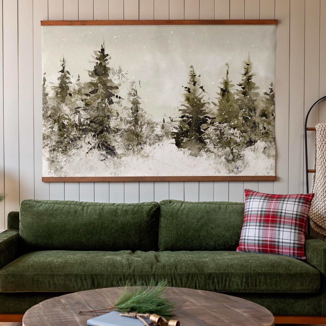 Snowy Pine Forest in Monochrome Green Watercolor Holiday Print