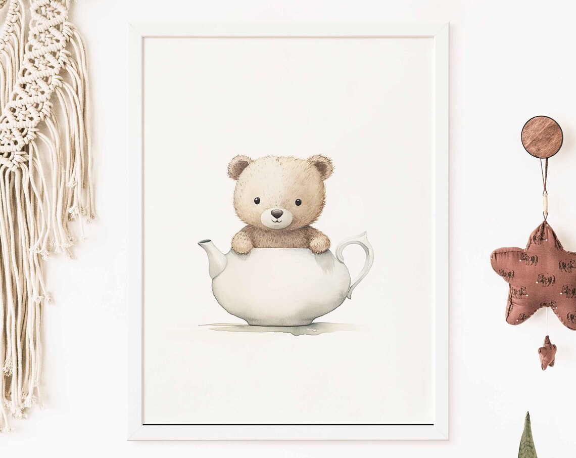 Cute Teddy Bear Sitting Inside a White Teapot Watercolor Poster