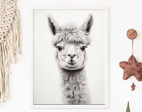 Black and White Llama Portrait Watercolor Poster for a Nursery