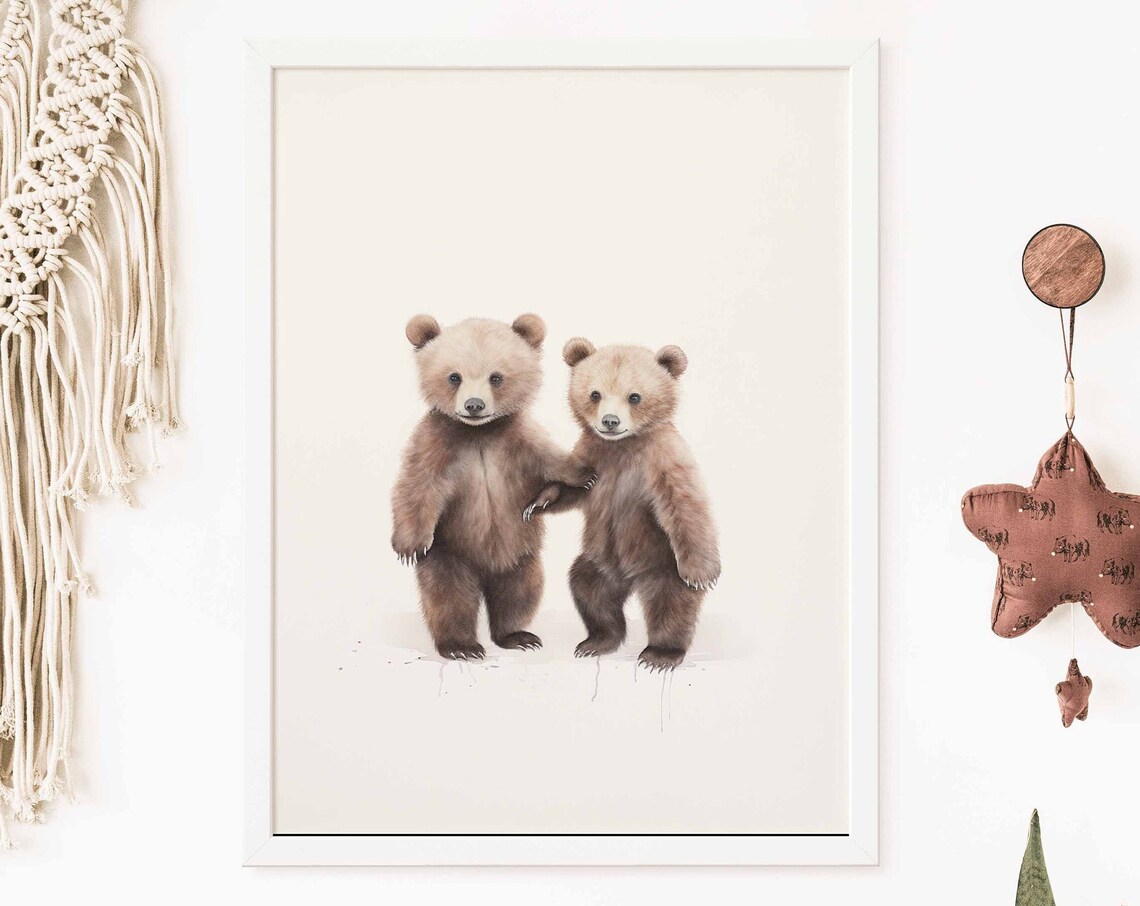 Two Cute Bear Cubs Standing Together Watercolor Nursery Poster