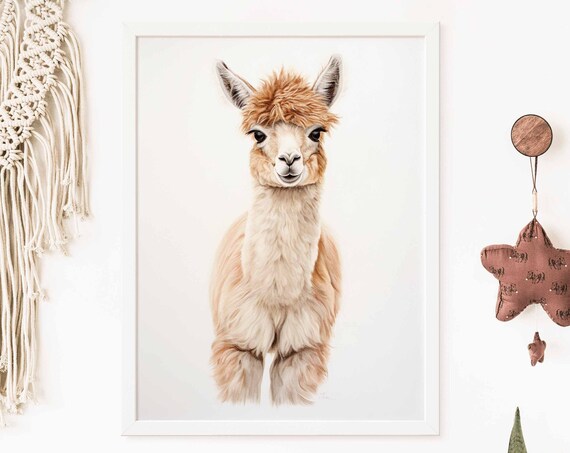Golden Watercolor Llama Portrait Poster for a Kids Nursery Room