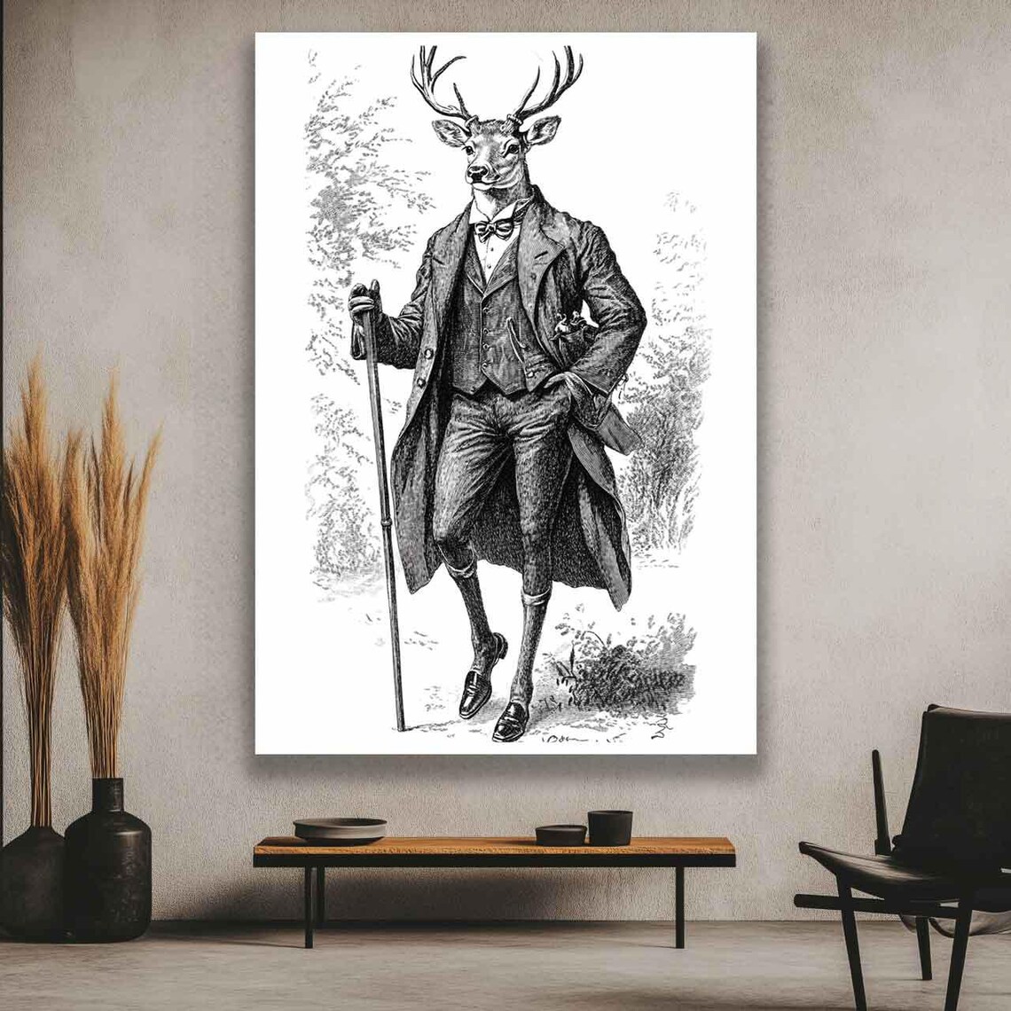 Deer Gentleman in a Victorian Suit Black and White Engraving Poster - Image 3