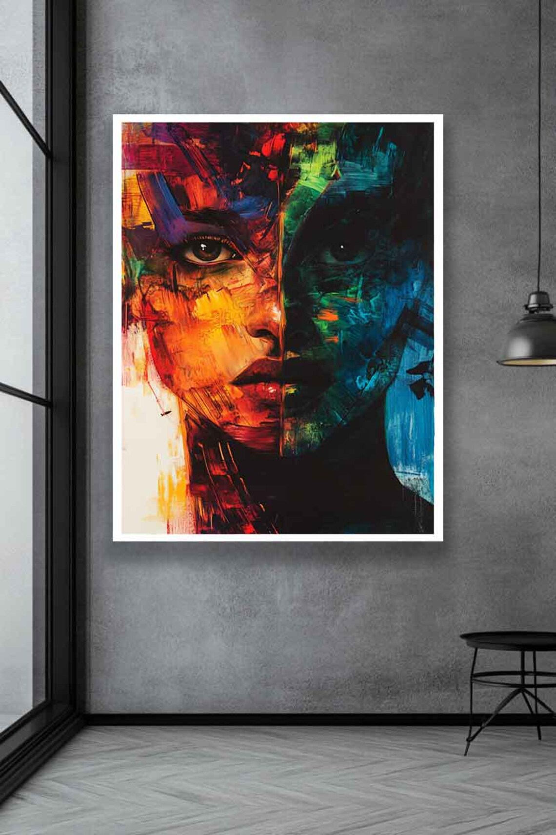 Split Face Abstract Portrait Fire And Teal Emotional Art Poster - Image 3