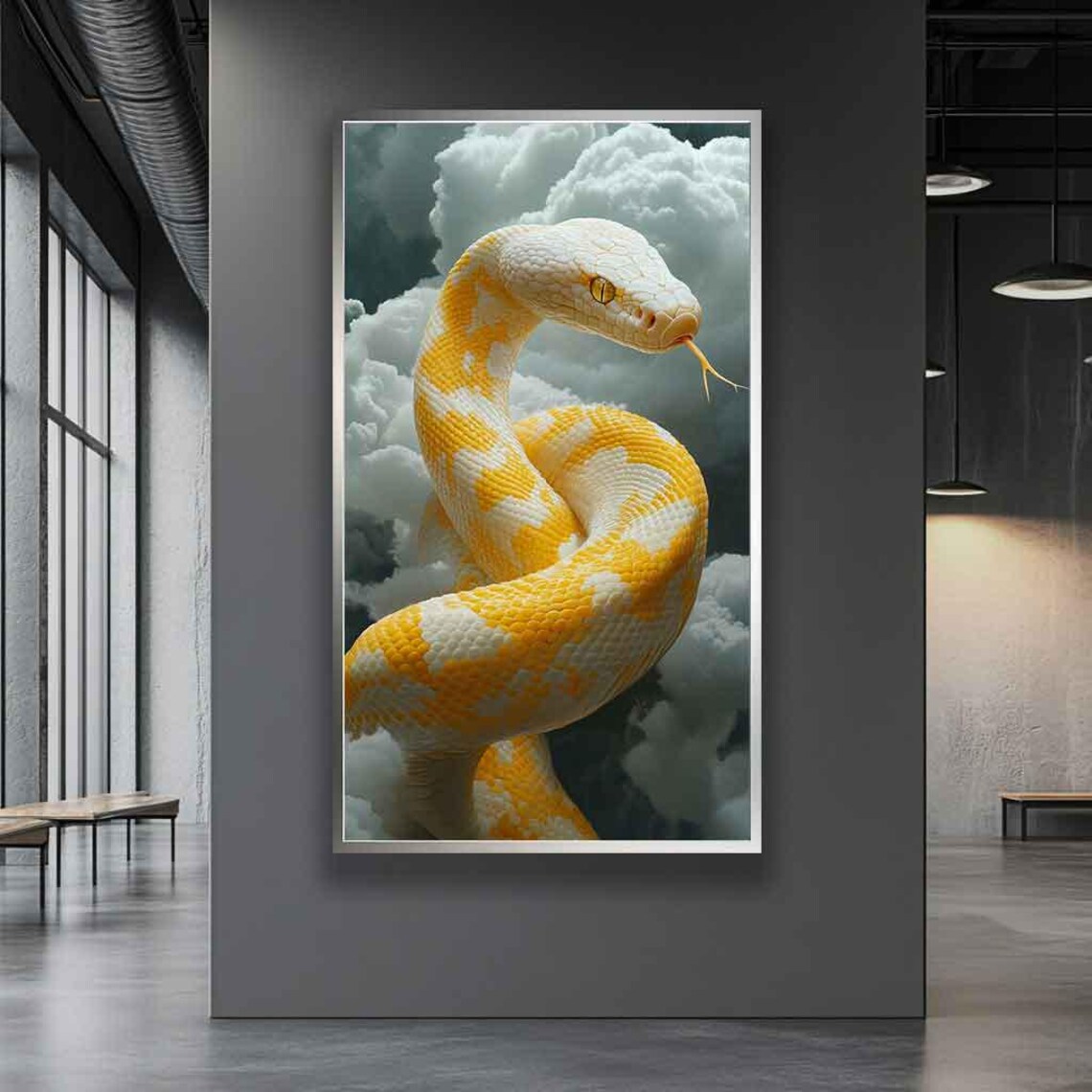 Albino Yellow and White Snake Coiled Gracefully in the Clouds Poster - Image 4