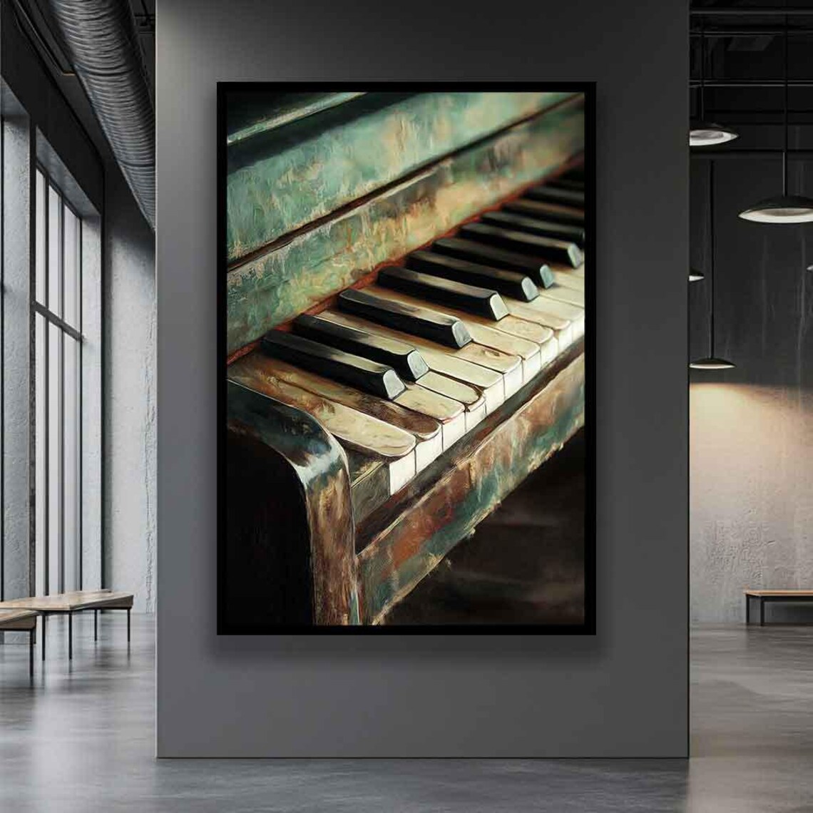 Vintage Distressed Teal Upright Piano Keyboard Close-Up Art Poster - Image 2