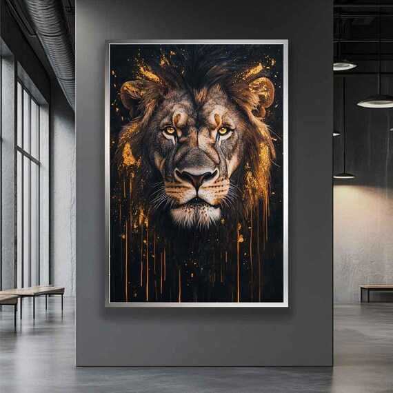 Black Lion Face Golden Paint Splash Dramatic Dark Wildlife Art Poster