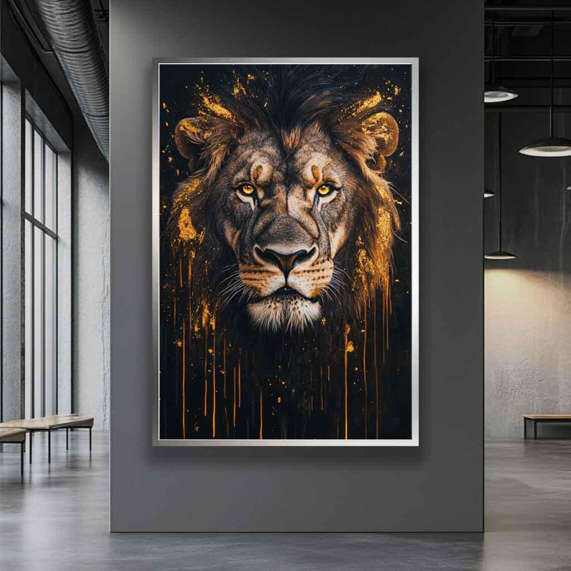 Black Lion Face Golden Paint Splash Dramatic Dark Wildlife Art Poster