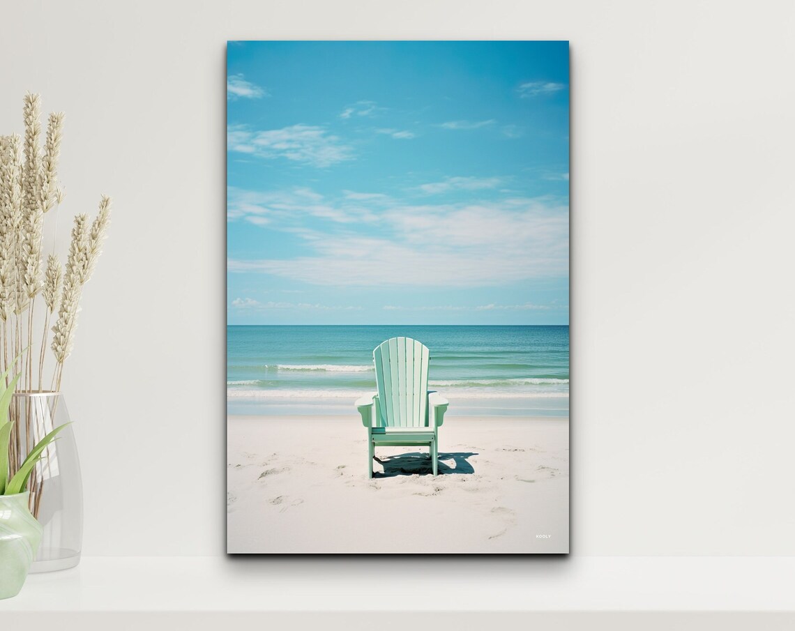 White Adirondack Chair on a Quiet Beach by the Turquoise Sea Poster