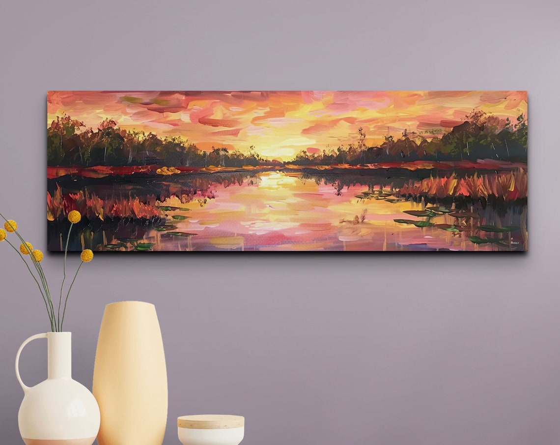 Impressionistic Sunset Over a Pink and Gold Wetland Marsh Poster