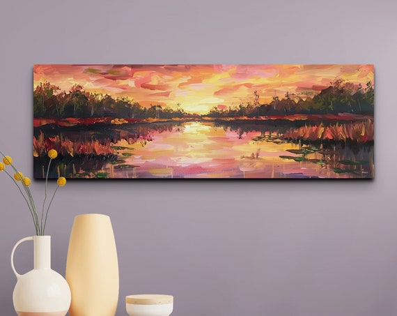 Panoramic Serene Marsh At Sunset Scene Ready To Hang Wall Art Lake Art Tranquil Wall Art Panoramic Art