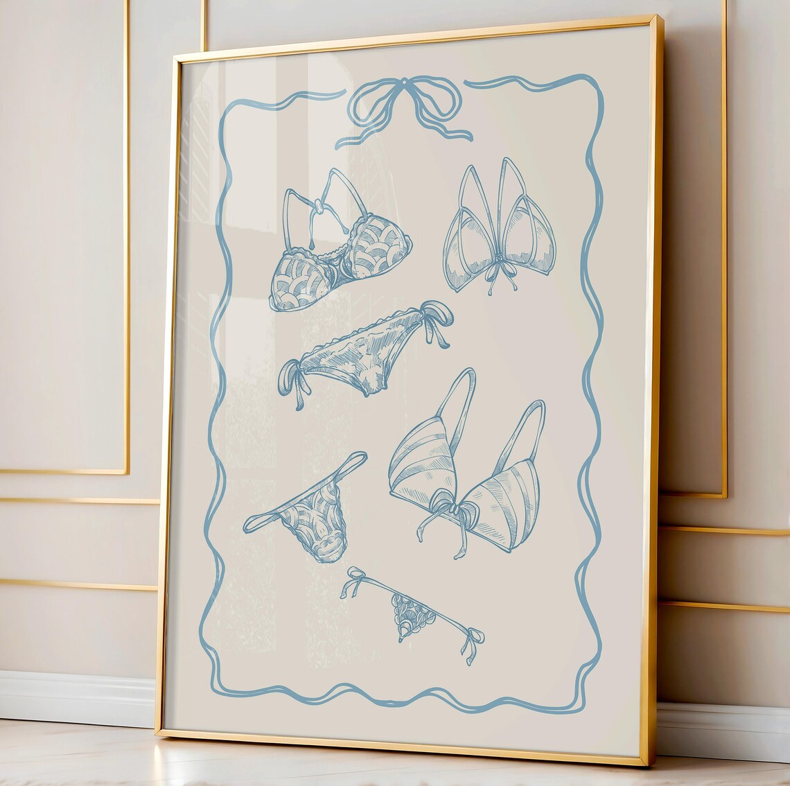 Blue Lingerie Line Art Coquette Bow Aesthetic Laundry Poster