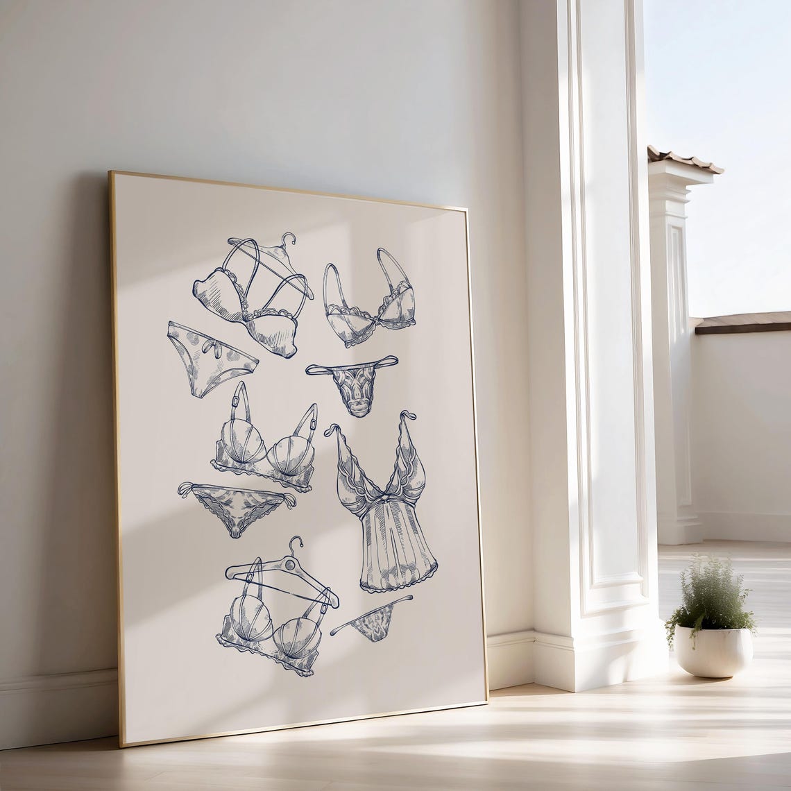 Blue Lingerie Sketch Poster Elegant Ink Bra and Slip Fashion Decor - Image 2