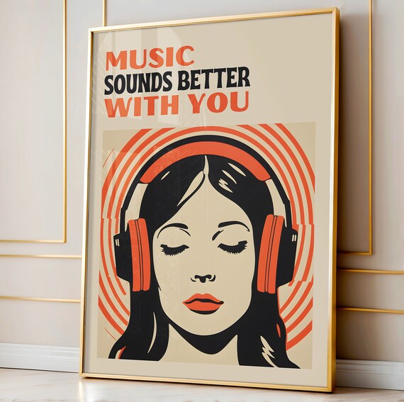 Music Sounds Better With You Retro Headphones Girl Art Poster