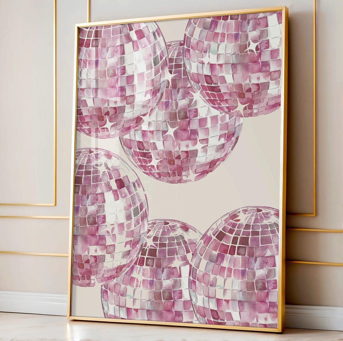 Pink Disco Balls Watercolor Party Poster for Dorm Rooms and Bedrooms