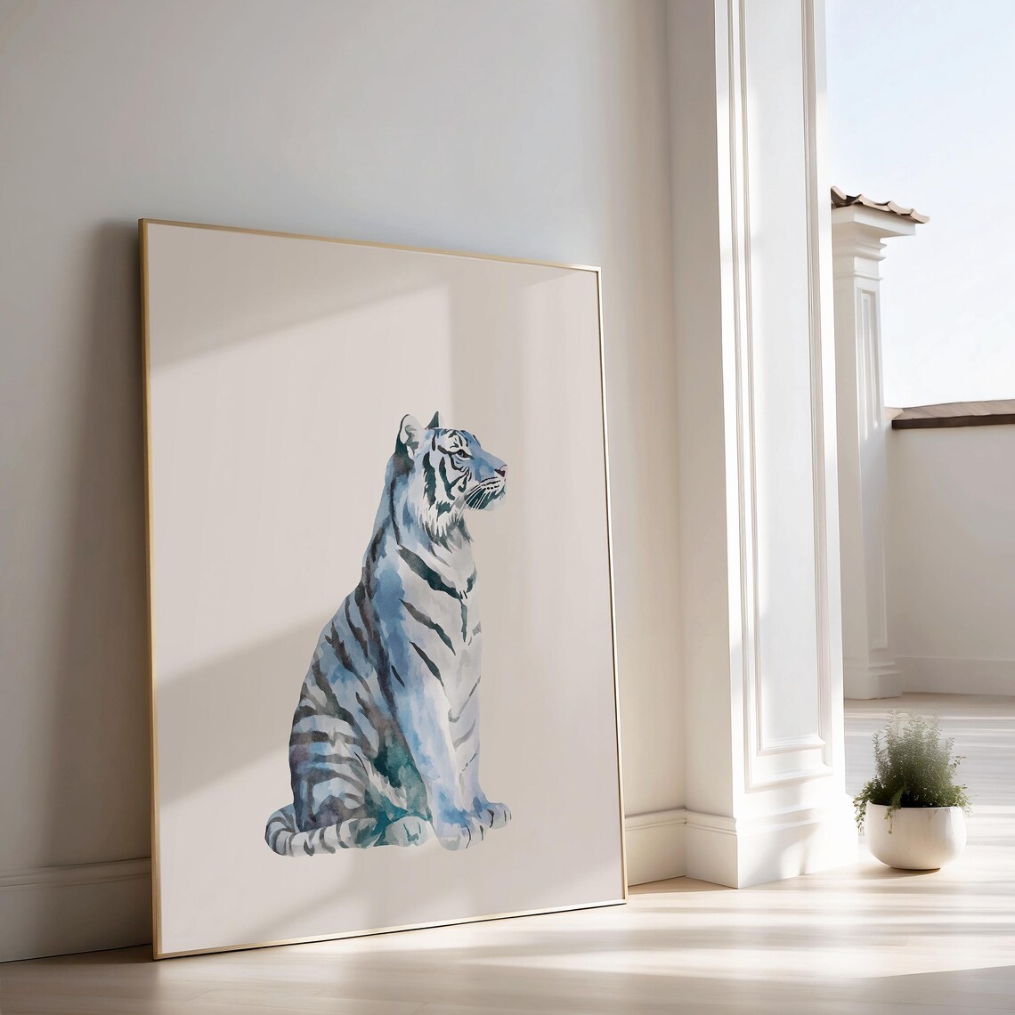 Blue Watercolor Tiger Sitting Wild Animal Minimalist Cream Background Poster - Image 2