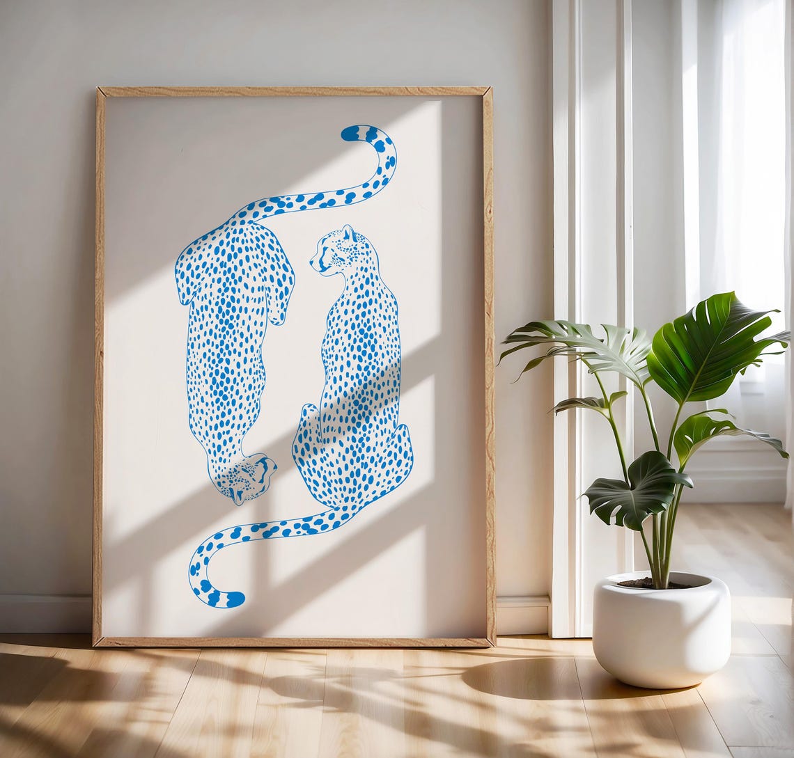 Two Blue Cheetahs Minimalist Wildlife Illustration Poster for Dorms - Image 4