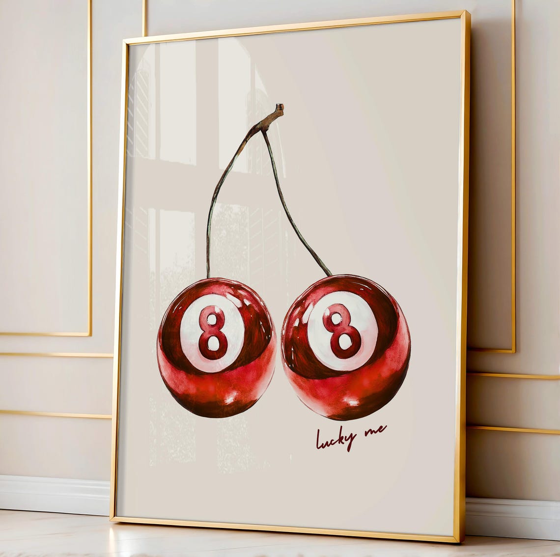Lucky Me Red Cherry Eight Ball Watercolor Poster Retro Dopamine Art - Image 5
