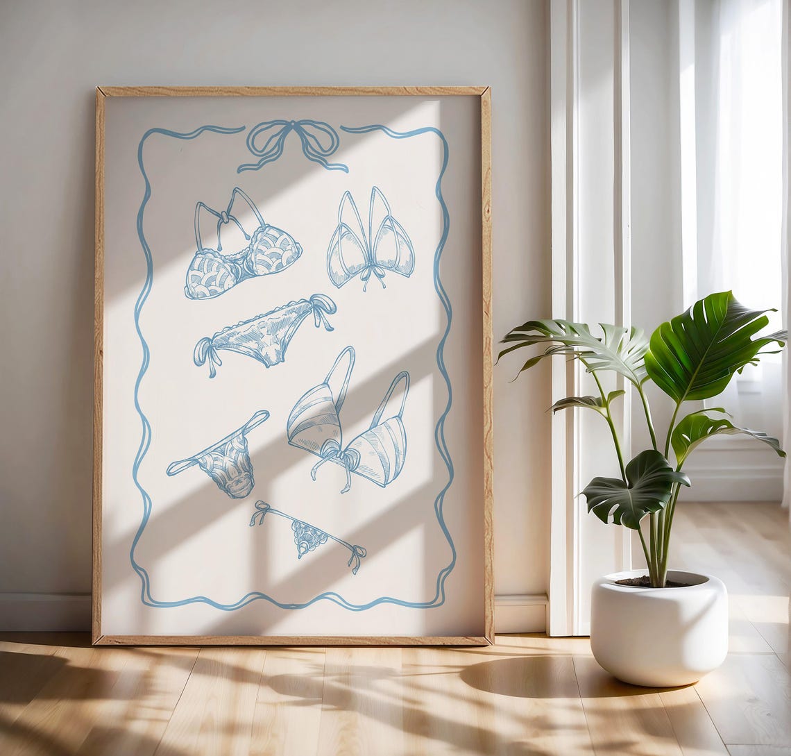 Blue Lingerie Line Art Coquette Bow Aesthetic Laundry Poster - Image 3