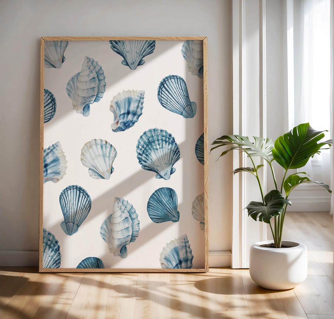 Blue Watercolor Seashell Pattern Coastal Beach House Wall Art