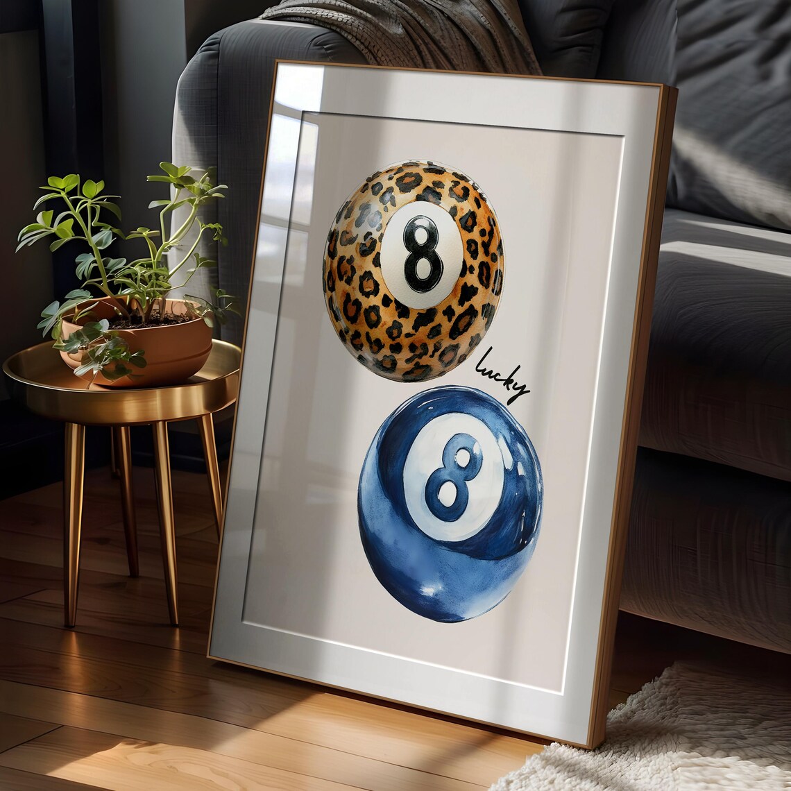 Navy 8 Ball Leopard Print Lucky You Art Print - Image 2