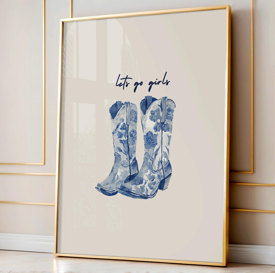 Lets Go Girls Blue Floral Cowboy Boots Chinoiserie Western Decor Poster
