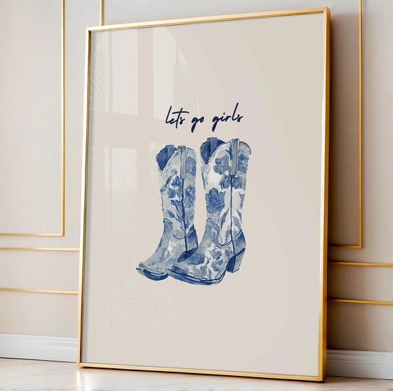 Lets Go Girls Blue Floral Cowboy Boots Chinoiserie Western Decor Poster