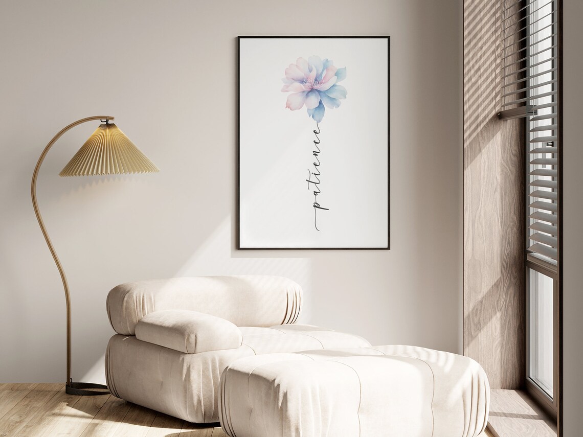 Patience Word Blue Pink Watercolor Flower Botanical Art Poster - Image 2