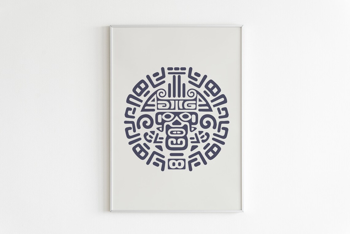 Mayan Glyph Circle Tribal Mask Motif Boho Minimalist Wall Art