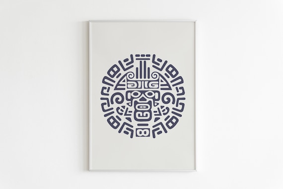 Mayan Glyph Circle Tribal Mask Motif Boho Minimalist Wall Art