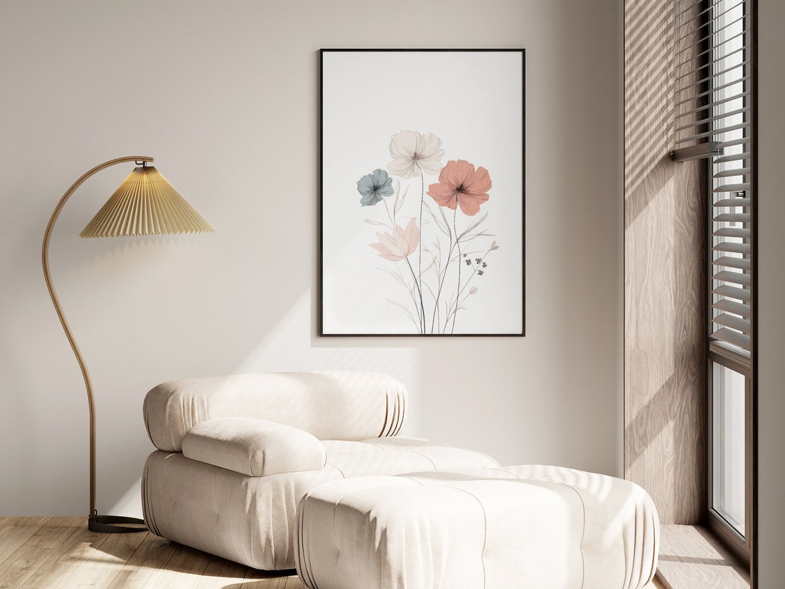 Soft Pastel Floral Botanical Flower Stems Minimalist Art Poster