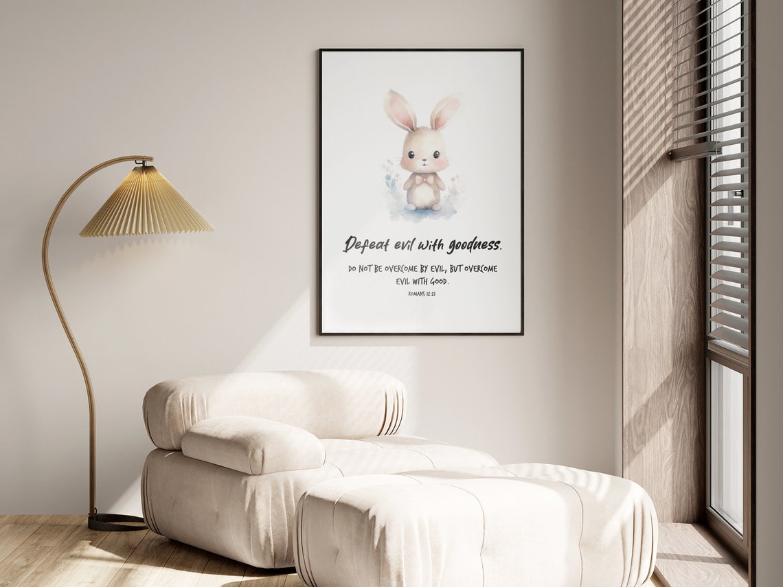 Romans 1221 Bunny Watercolor Nursery Bible Verse Rabbit Poster - Image 2