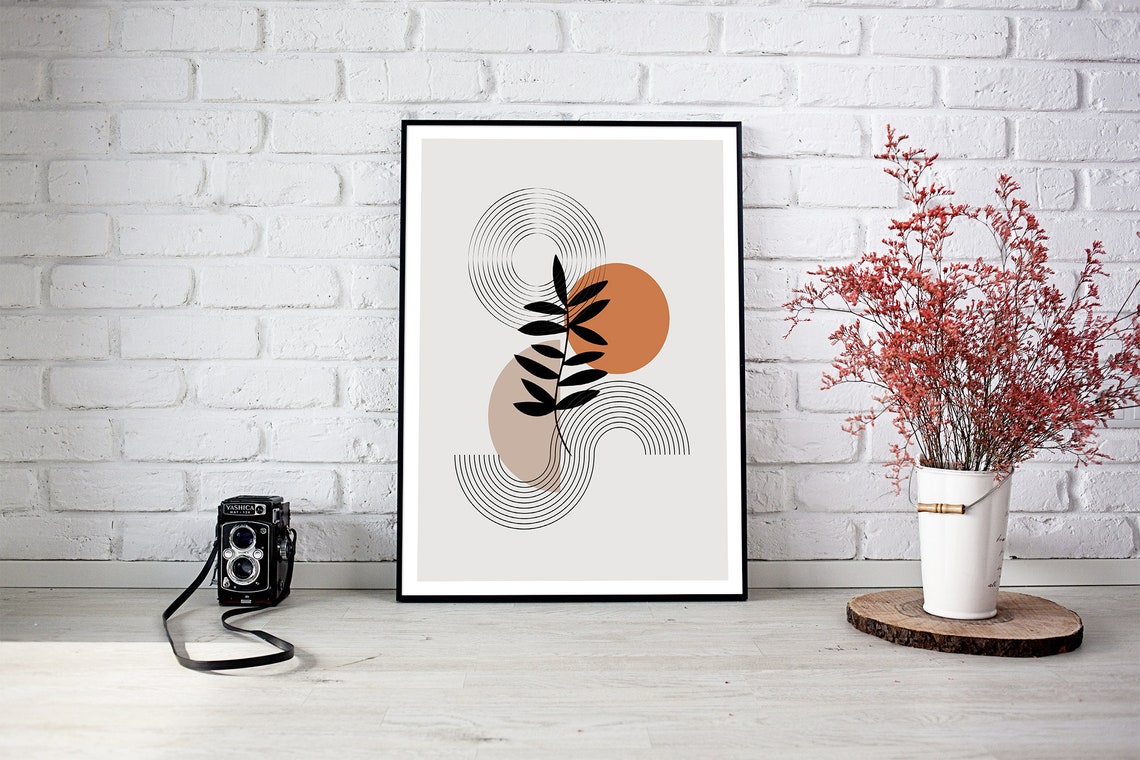 Botanical Line Art Black Leaves Terracotta Circle Neutral Poster - Image 2