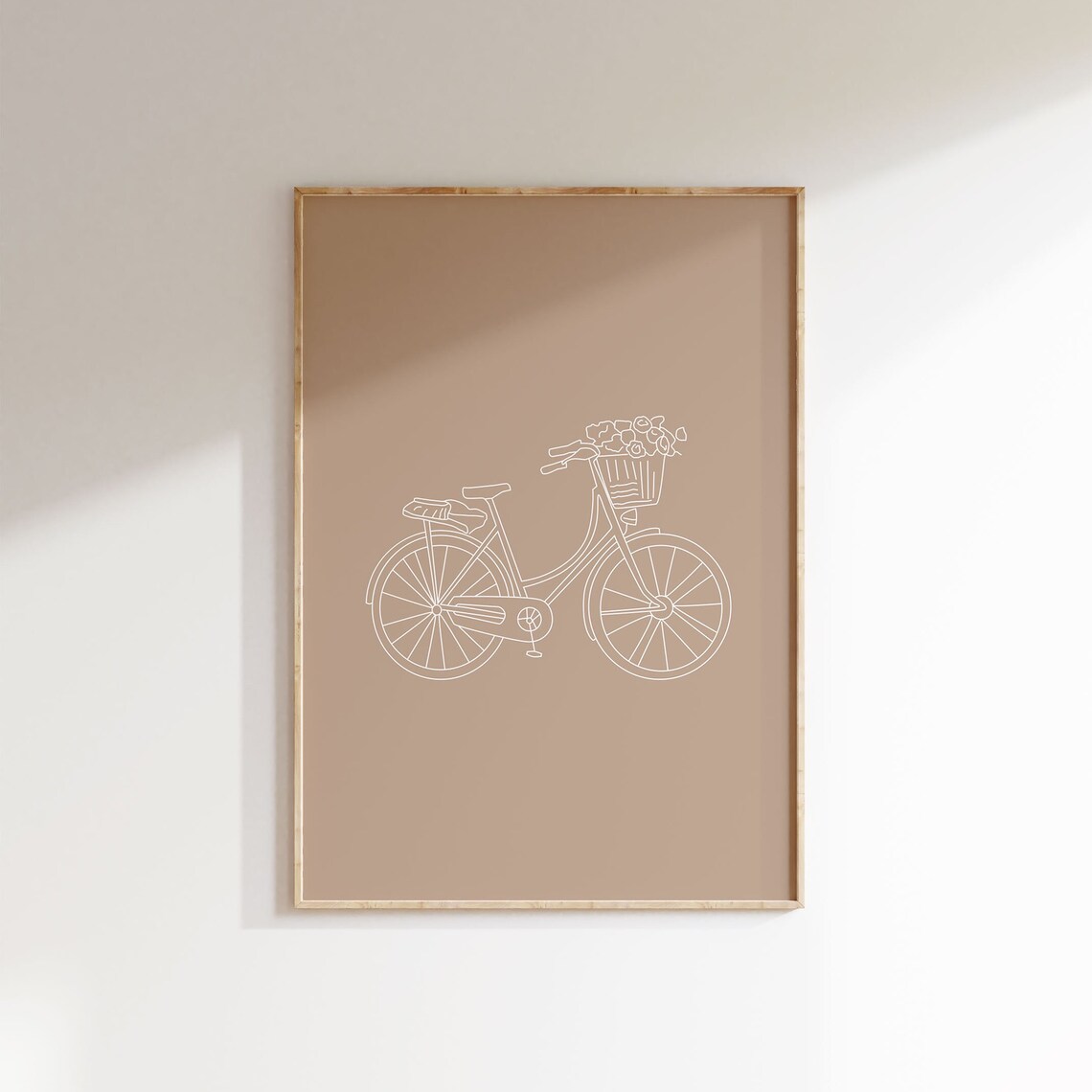 Bicycle With Flower Basket White Line Art Taupe Minimalist Poster - Image 3