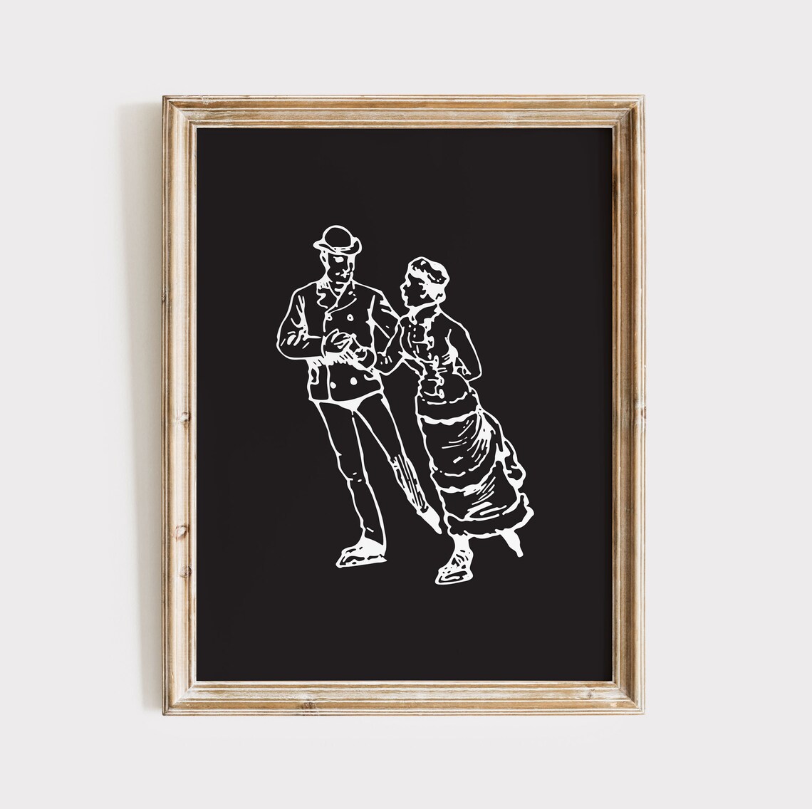 Retro Couple Ice Skating Line Art Black Christmas Holiday Poster