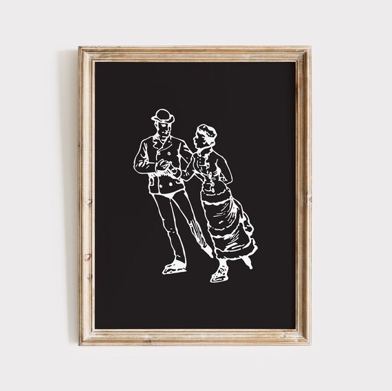 Retro Couple Ice Skating Line Art Black Christmas Holiday Poster