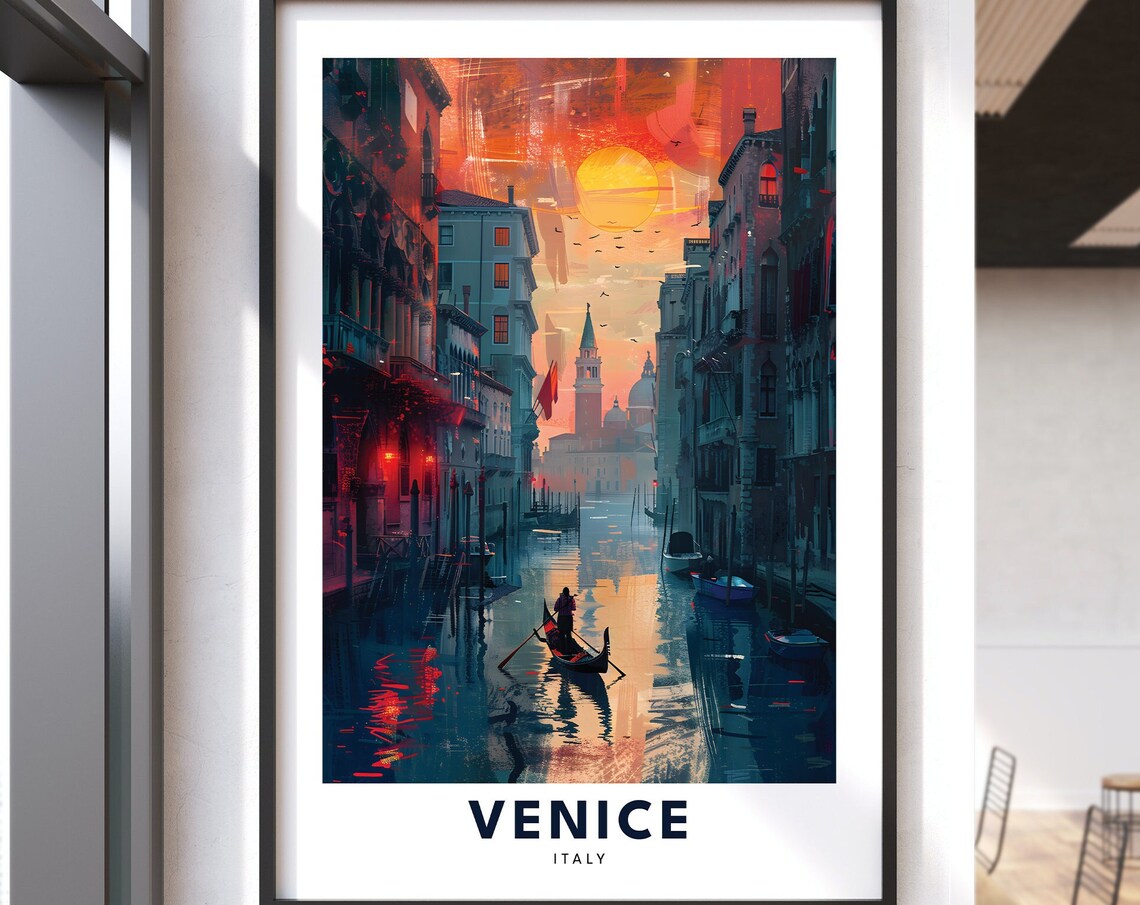 Venice Italy Sunset Canal Travel Poster Gondola Grand Canal Golden View