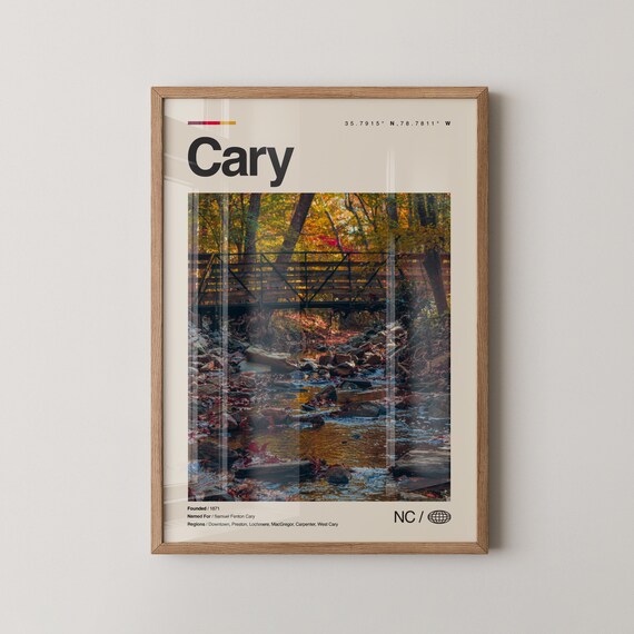 Cary Print Real Photo Travel Art Poster Mid Century Minimal Wall Map North Carolina