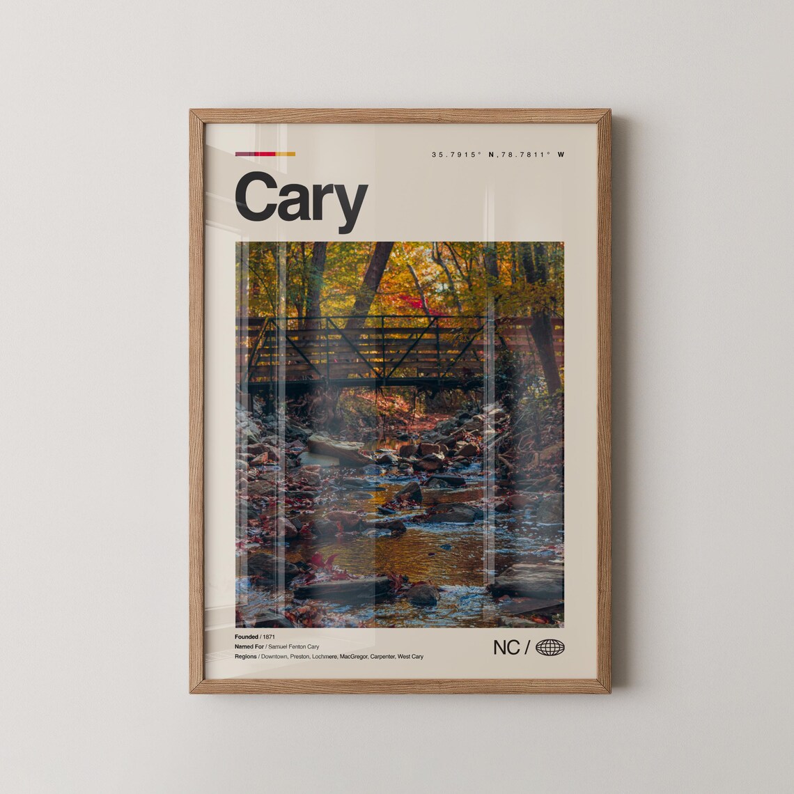 Cary Print Real Photo Travel Art Poster Mid Century Minimal Wall Map North Carolina