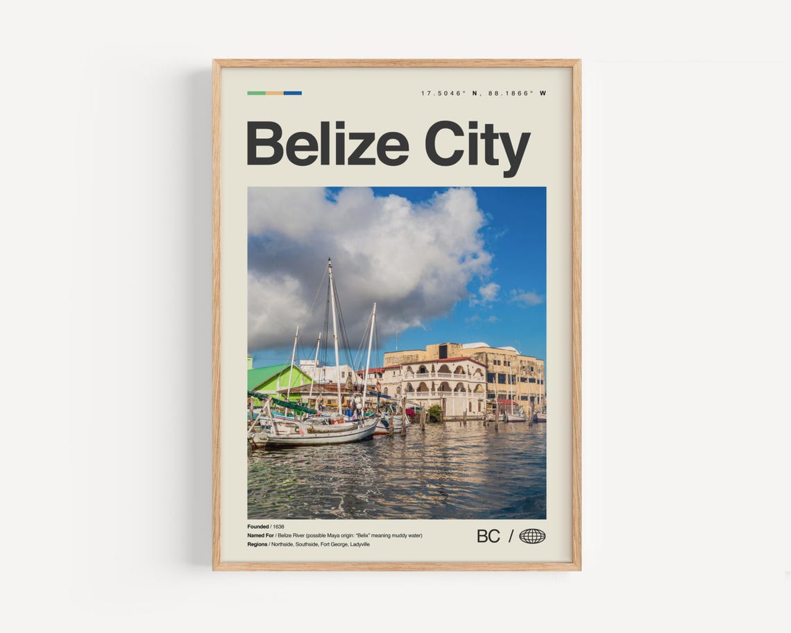 Belize City Sailboat Harbor Waterfront Coordinates Travel Wall Poster