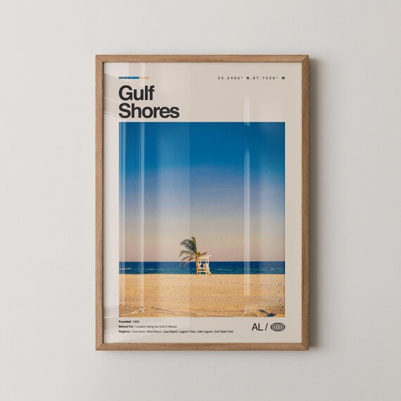 Gulf Shores Print Real Photo Travel Art Poster Mid Century Minimal Wall Map Alabama