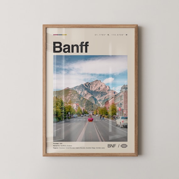 Banff Downtown Street Scene With Towering Rocky Mountain Views Travel Poster