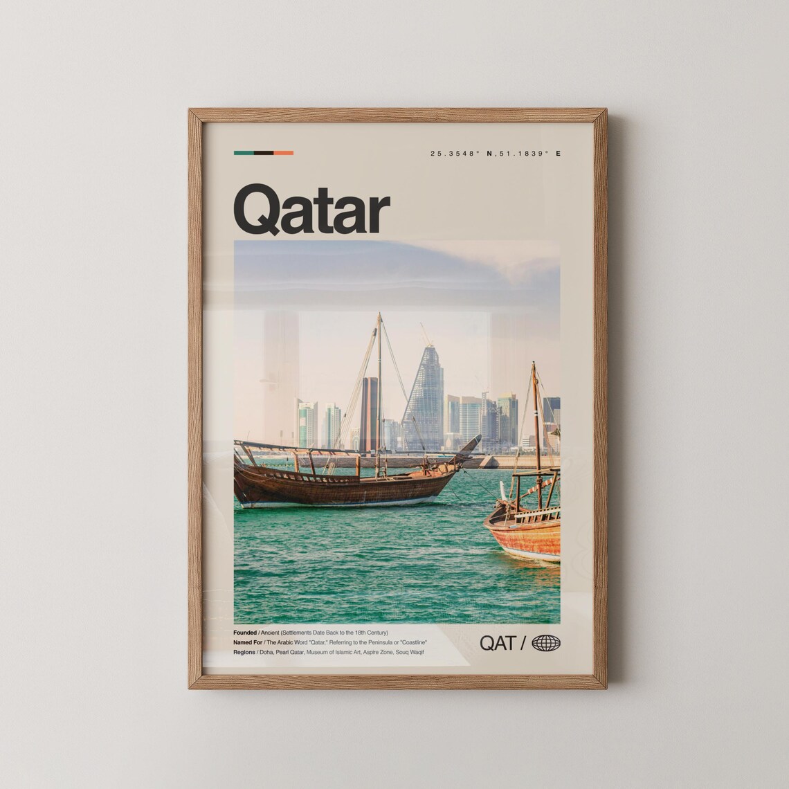 Qatar Travel Poster Dhow Boats Doha Skyline Turquoise Water Photo