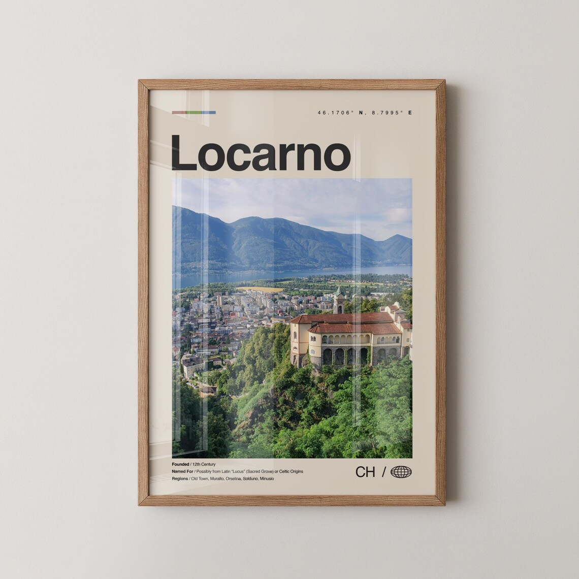 Scenic Locarno Switzerland Town Mountain Lake Modern Travel Poster