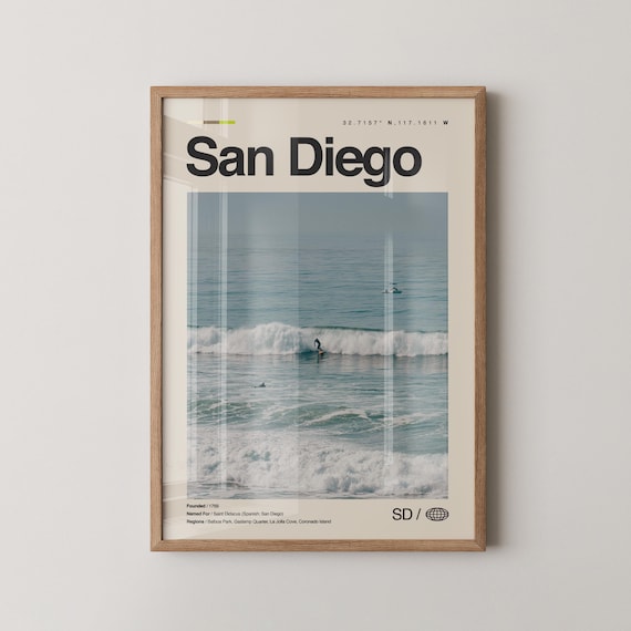 San Diego California Surfer Wave Ocean Photo Minimalist Travel Poster