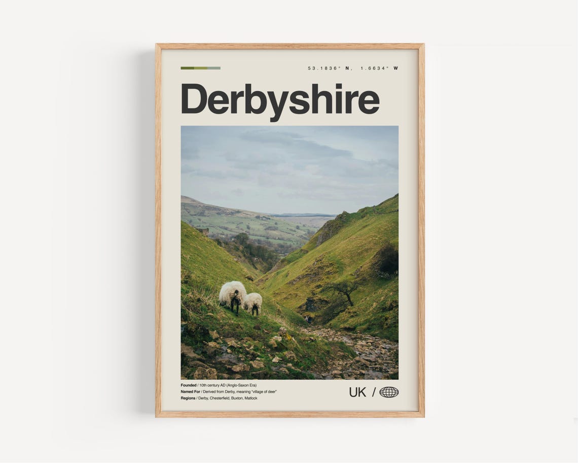 Derbyshire Green Valley Sheep Rolling Hills UK Travel Poster