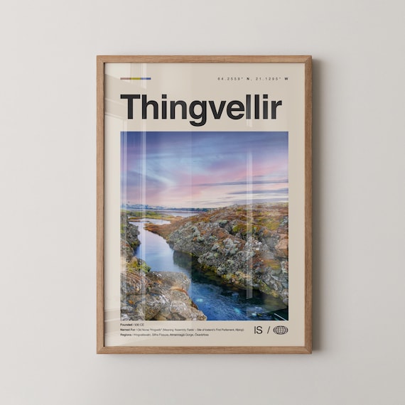 Thingvellir Iceland Travel Poster National Park River Gorge Wall Decor