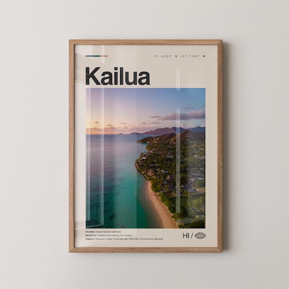 Kailua Print Real Photo Travel Art Poster Mid Century Minimal Wall Map Hawaii