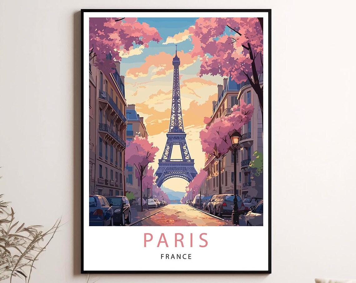 Paris Eiffel Tower Cherry Blossom Street France Travel Poster